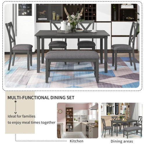 6-pc Dining Table Set Wooden Rectangular Dining Table, 4 Fabric Chairs and Bench Family Furniture (Gray)