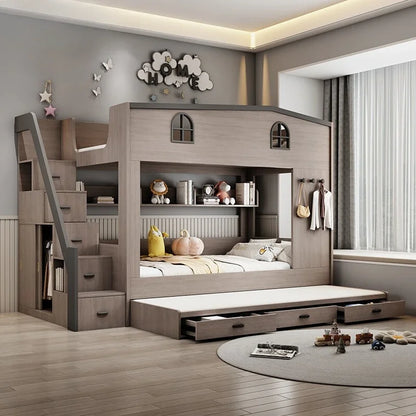 Bunk bed kids with Drawer storage loft double bed Climbing stairs full frames Queen Wooden literas de 2 camas bedroom furniture