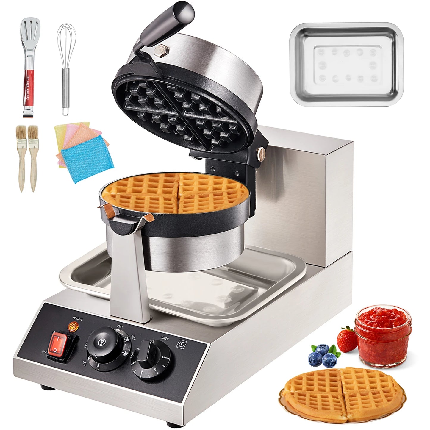 Electric Waffle Maker Stainless Steel Round Waffle Iron Non-Stick Waffle Baker Machine Teflon-Coated Baking Pans