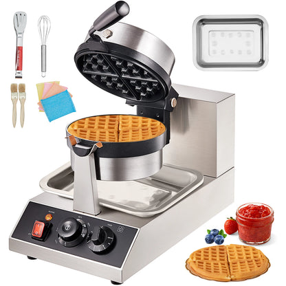 Electric Waffle Maker Stainless Steel Round Waffle Iron Non-Stick Waffle Baker Machine Teflon-Coated Baking Pans