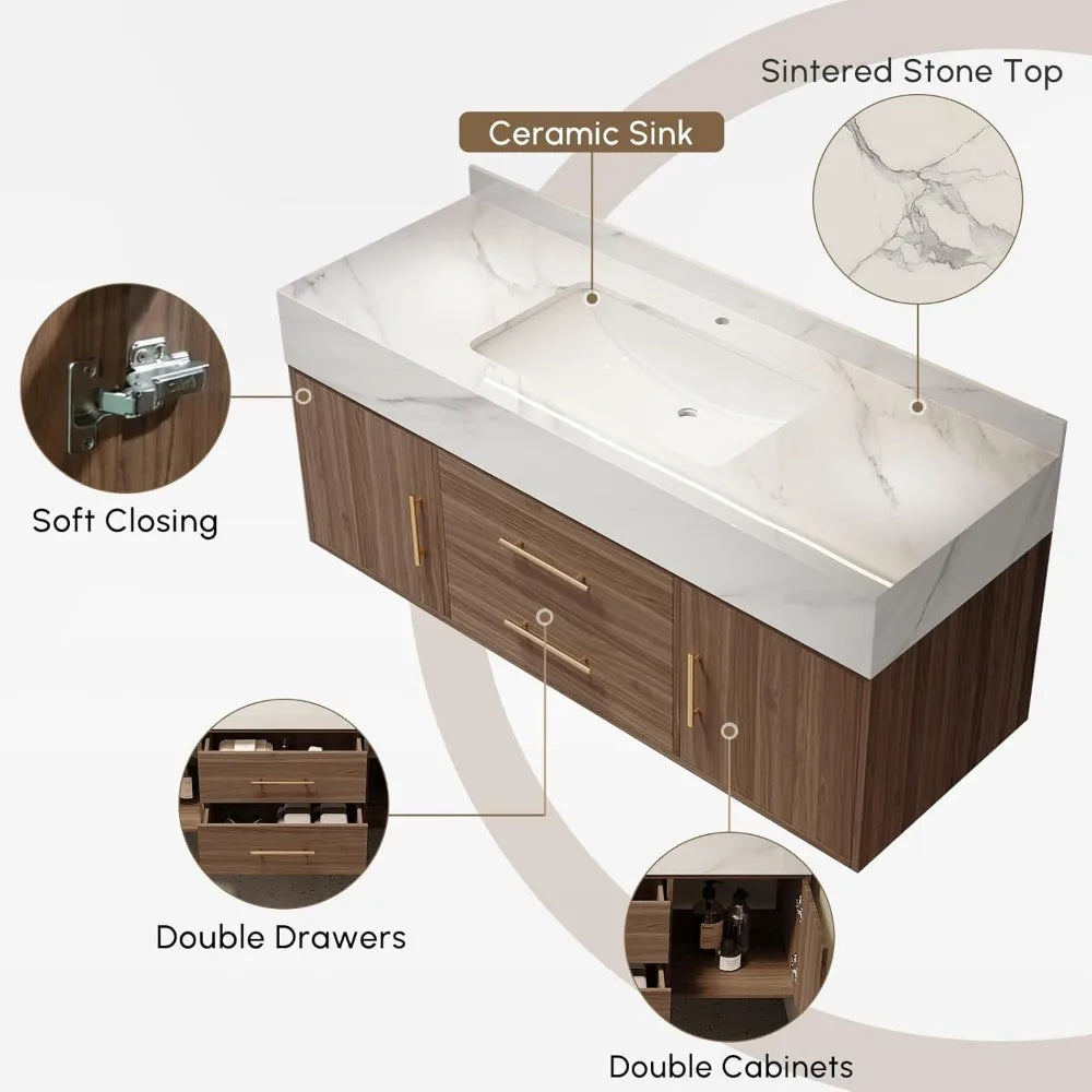 Floating Bathroom Vanity with Sintered Stone Vessel Sink 2 Drawers (Walnut with Doors, 39.4'')