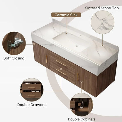 Floating Bathroom Vanity with Sintered Stone Vessel Sink 2 Drawers (Walnut with Doors, 39.4'')