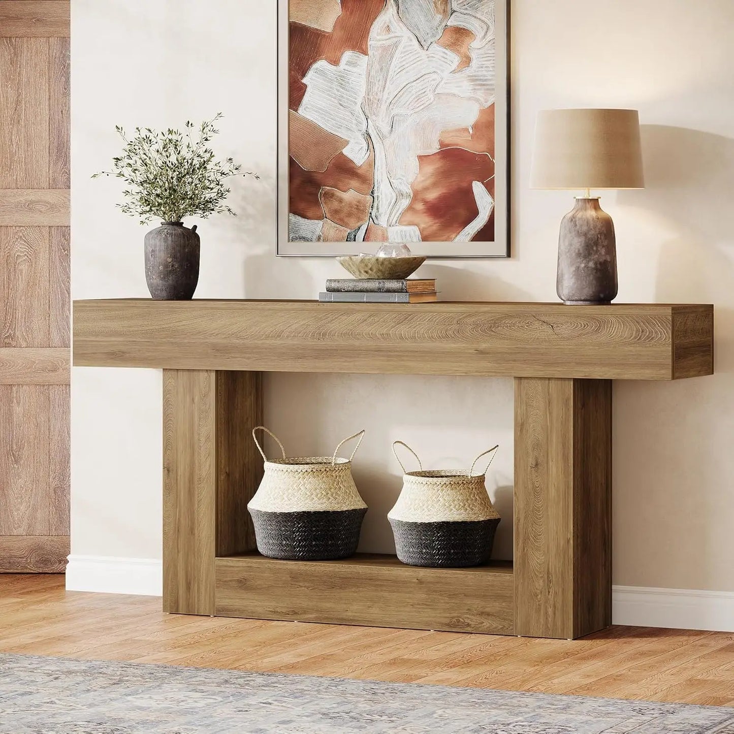63" Console Table, Farmhouse 2-Tier Entryway Table with U-Shaped Base, Narrow Long Wood Sofa Table Behind Couch Table