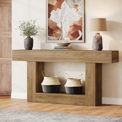63" Console Table, Farmhouse 2-Tier Entryway Table with U-Shaped Base, Narrow Long Wood Sofa Table Behind Couch Table