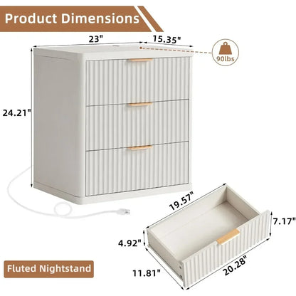 23" wide fluted night stand with charging station,3 drawers large end table with storage,white nightstand