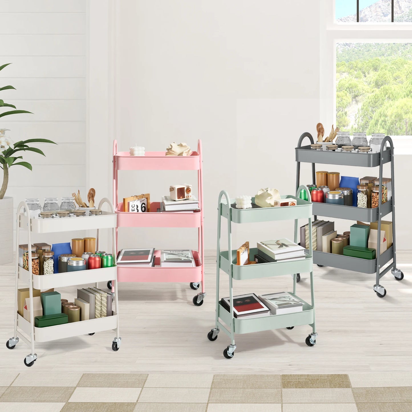3 Tier Metal Storage Kitchen Cart with Lockable Wheels Mobile Shelving Unit Utility Rolling Organizer For Home Narrow Places