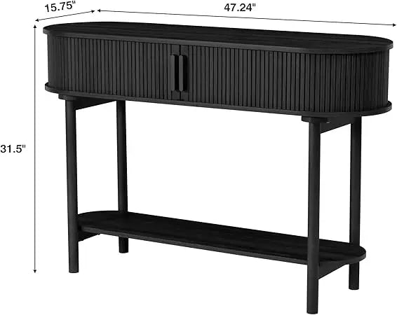 Fluted Console Table Modern Entryway Table with Tambour Sliding Door 2 Tier Sofa Table with Storage Side Table Behind Couch in L