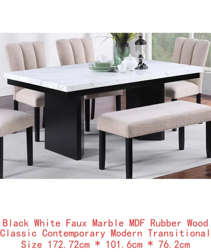 Classic Two-Tone White Faux Marble Top Dining Table with 6 Side Chairs, 7-Piece Set for Dining Room Decor