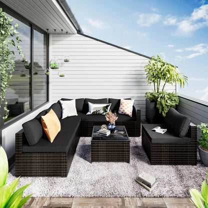 7 Pieces Patio Set, Wicker Conversation Sets with Cushion and Table, 7-Pieces Couch, Patio Furniture Set for Porch Poolside