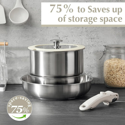 KOCH SYSTEME CS Stainless Steel Pots and Pans Set, 7 Piece Stainless Steel Cookware Set with Detachable Handle