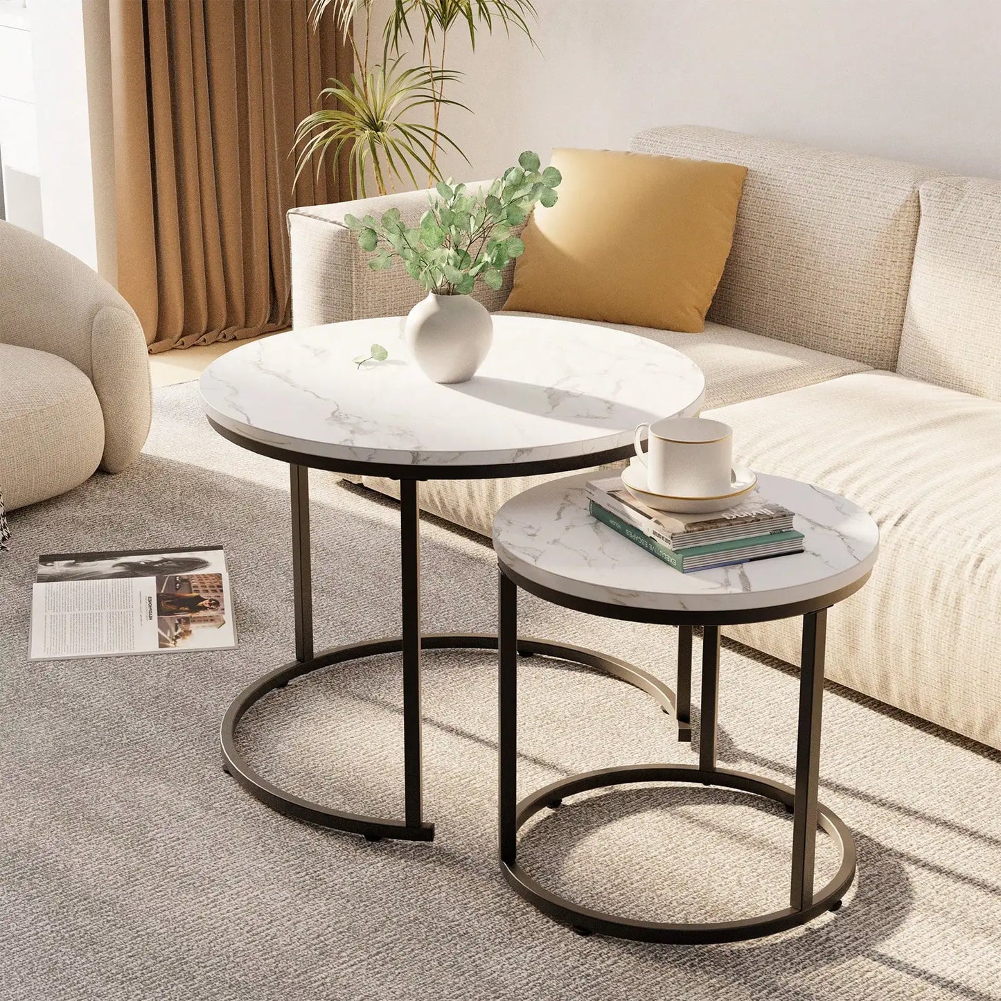 Round Nesting Coffee Table  Set of 2 End Tables for Living Room Bedroom Balcony