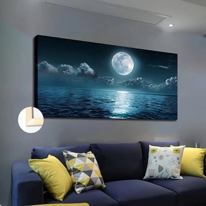 Moonlight Ocean Beach Night View Canvas art print, fashion theme wall trim, interior trim, 1.5 inch thickness
