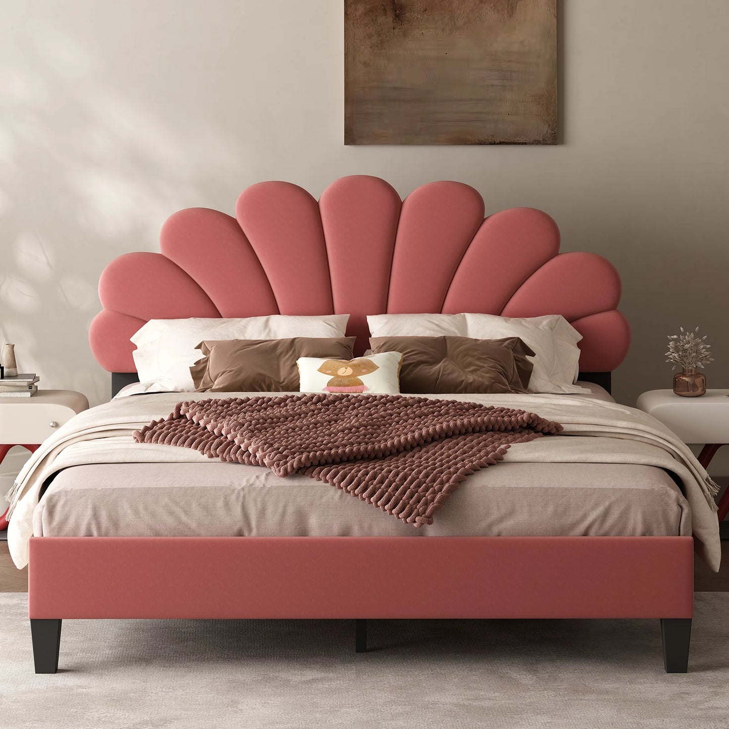 Bed Frame/Velvet Upholstered Platform Bed Frame with Flower Pattern Headboard/Strong Wood Slats Support/Mattress Foundation/No B