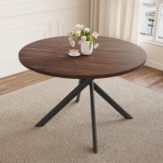 45.3 Inch Modern Round Dining Table for 4, Space-Saving Dinette with Carbon Steel Legs for Apartment(Walnut Table)