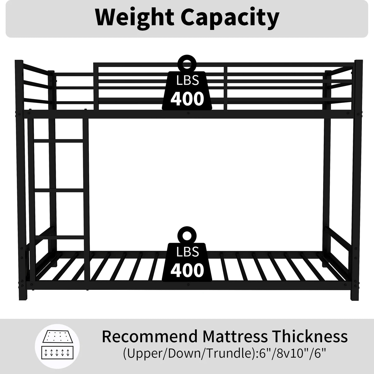 Heavy Duty Twin Bunk Bed Frame with 3-Step Ladder, Low Profile Metal Bed 54" Height, Space Saving Bunkbed with Guardrails, 400 LBS Capacity, Black