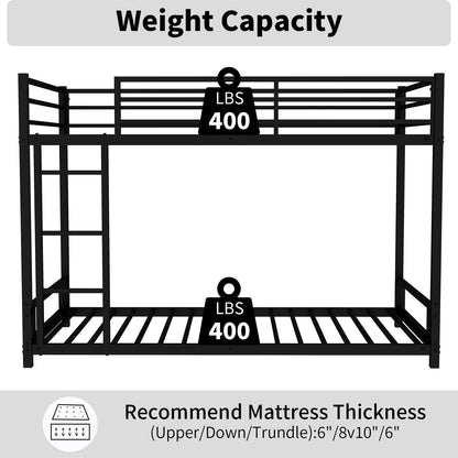 Heavy Duty Twin Bunk Bed Frame with 3-Step Ladder, Low Profile Metal Bed 54" Height, Space Saving Bunkbed with Guardrails, 400 LBS Capacity, Black