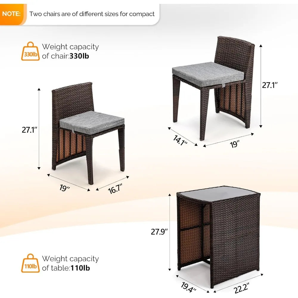 3 PCS Wicker Outdoor Patio Bistro Set for Small Spaces