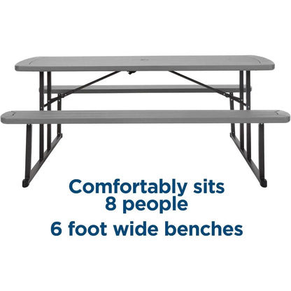 Outdoor 6 ft. Folding Picnic Table, Dark Gray Wood Grain Resin with Gray Steel Legs