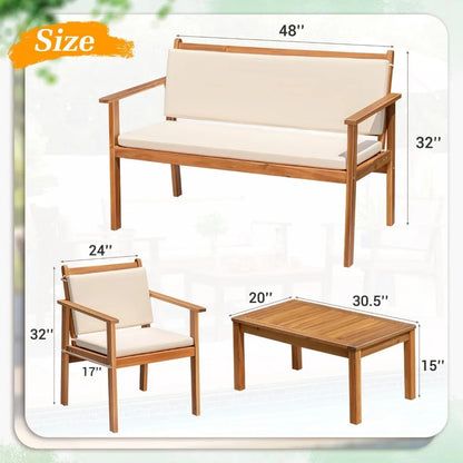 Outdoor Patio Furniture, 4 Piece Bistro Sofa Set with Coffee Table and Loveseat, Acacia Wood Conversation Sets with Cushions