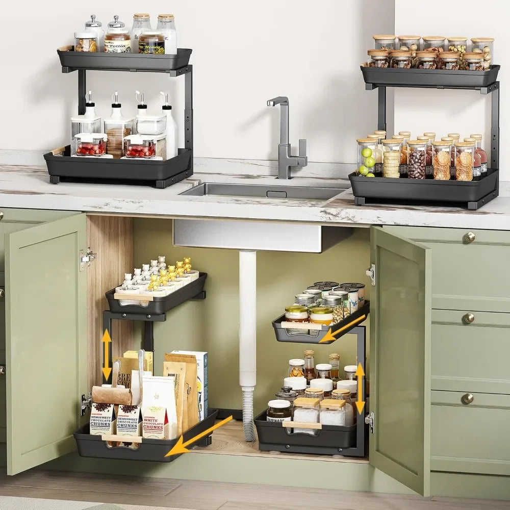 4 Pack Under Sink Pull Out Organizer,2 Tier, Adjustable Under Kitchen Sink  and bath kitchenOrganizer And Storage