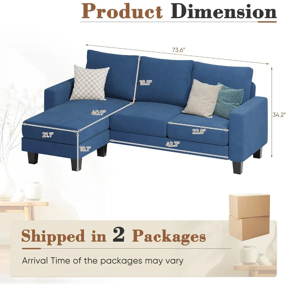 L-Shaped 3-Seater Sofa - Convertible Chaise Corduroy Couch for Small Spaces