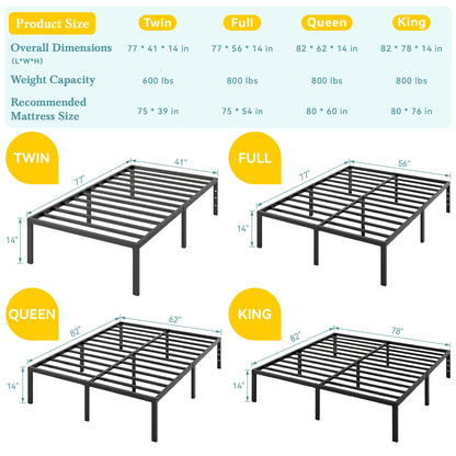 Twin/Full/Queen/King Heavy-Duty Metal Bed Frame with 14 Inch Under-Bed Storage — No Box Spring Needed, Easy Assembly