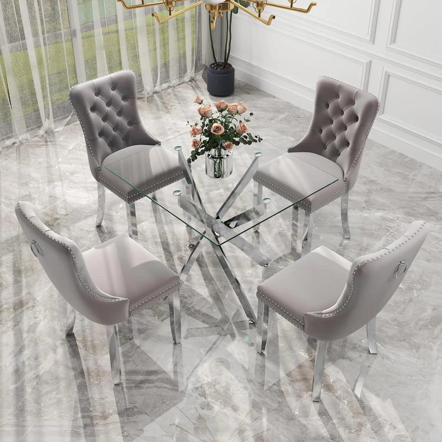 5 Piece Silver Luxury Glass Dining Set, Modern Minimalist  Table Set for 4, 36'' Clear Square Glass Top Dining Room Set