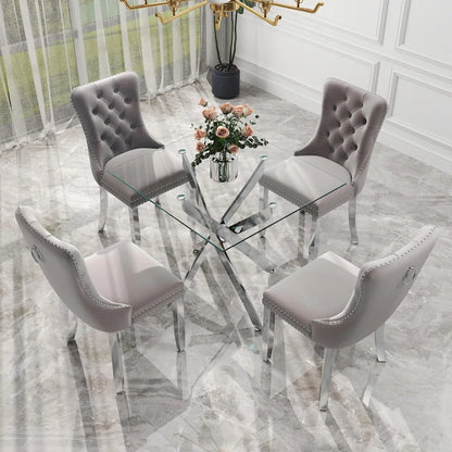 5 Piece Silver Luxury Glass Dining Set, Modern Minimalist  Table Set for 4, 36'' Clear Square Glass Top Dining Room Set