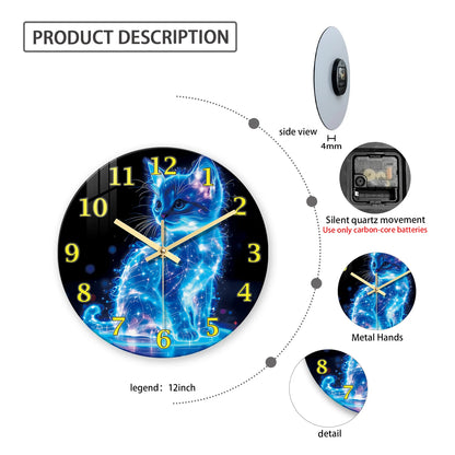 A Unique Neon Cat Tempered Glass Wall Clock, 12-24inch Round Cat-Themed Decorative Silent Clocks Powered by Batteries, Stunning Blue Galaxy Kitten Pattern, Perfect for Home and Kitchen Decoration, Also Suitable as a Valentine