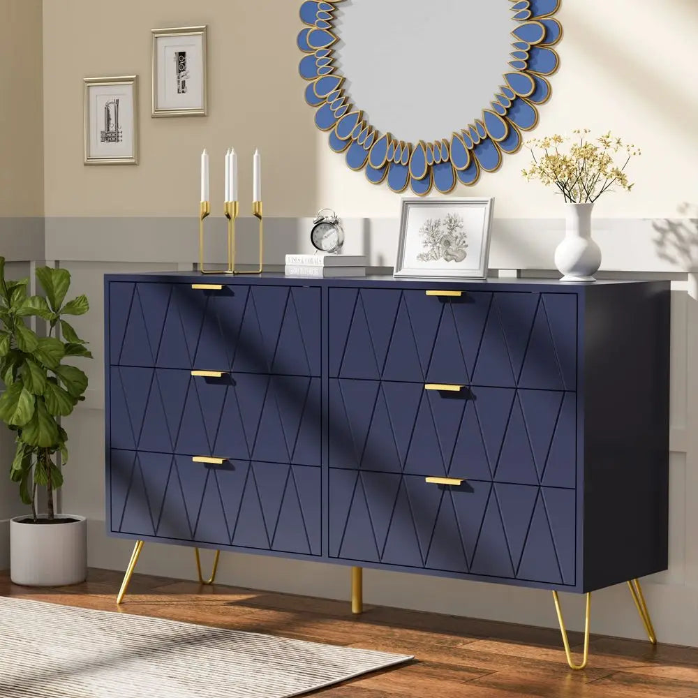 Navy Large Dresser 6 Drawer Dresser for Bedroom, Chest of Drawer with 6 Wide Drawers Wood Storage Cabinet Organizer with Metal