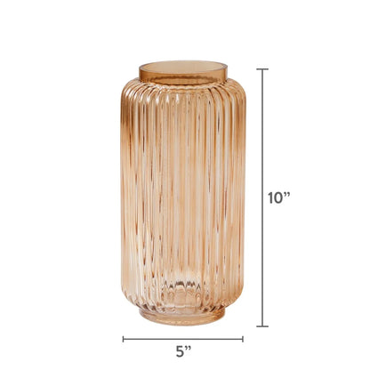 Ribbed Glass Vase Decorative Home Accent Indoor Use Floral Holder Elegant Cylinder Design 10 Inch Lightweight Washable