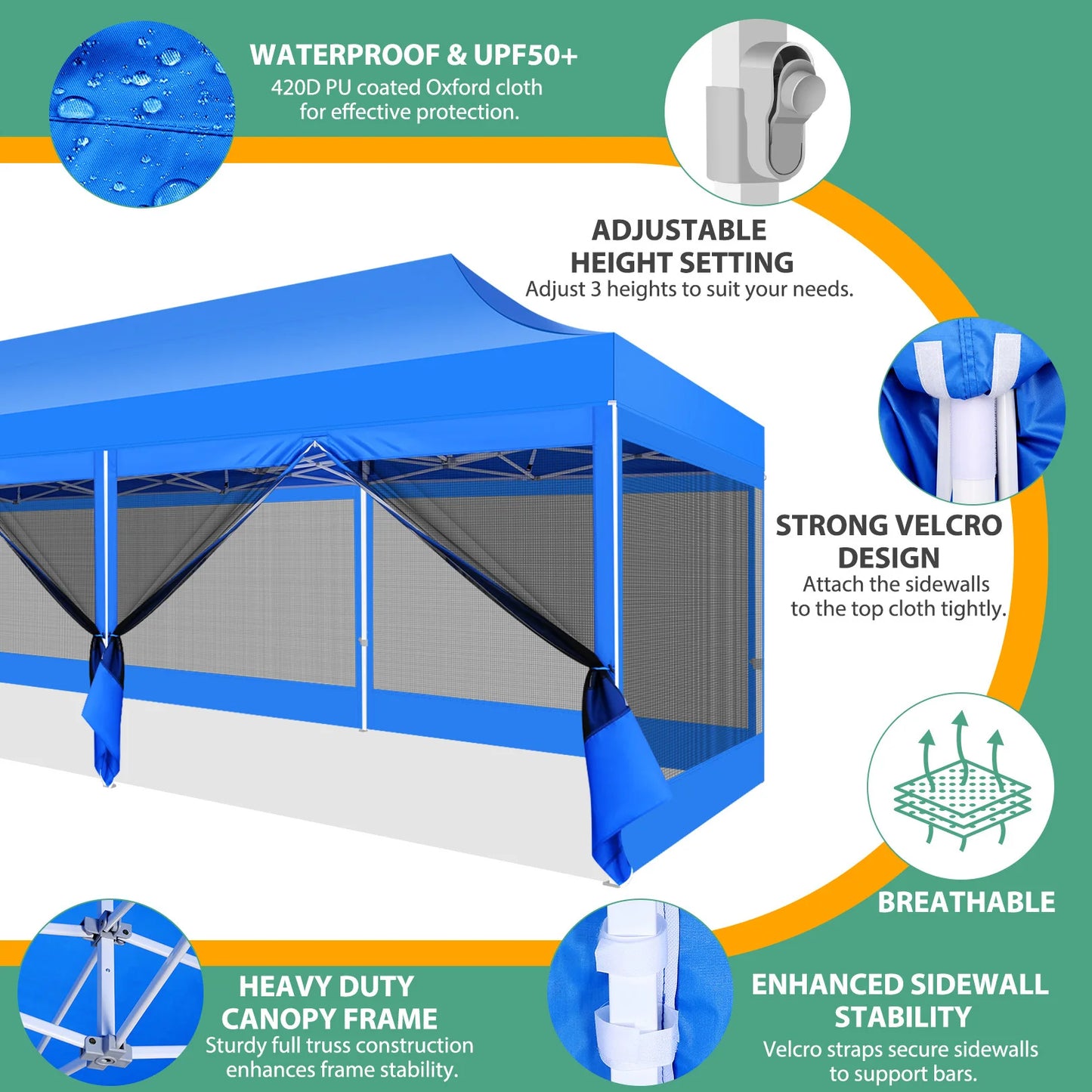 10x30FT Canopy Tent with 8 Sidewalls,Heavy Duty Pop up Canopy Party Tent with Mosquito Netting,Easy up Screen Canopy for Parties