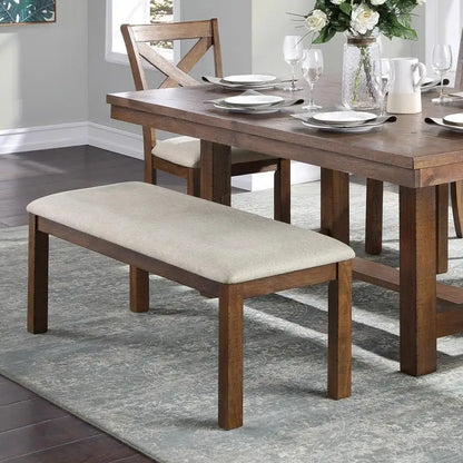 6-Pc Brown Finish Dining Set: Rectangular Table, Bench & Beige Upholstered Side Chairs for Transitional  Dining Room