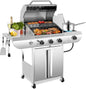 Outdoor Propane Gas Grill with 34,000 BTU Output, 3 Main Burners and a Side Burner, All Stainless Steel Construction, Cast Iron Cooking Grates, Portable Cart with Wheels, Perfect for Backyard, Patio, and Camping Barbecues