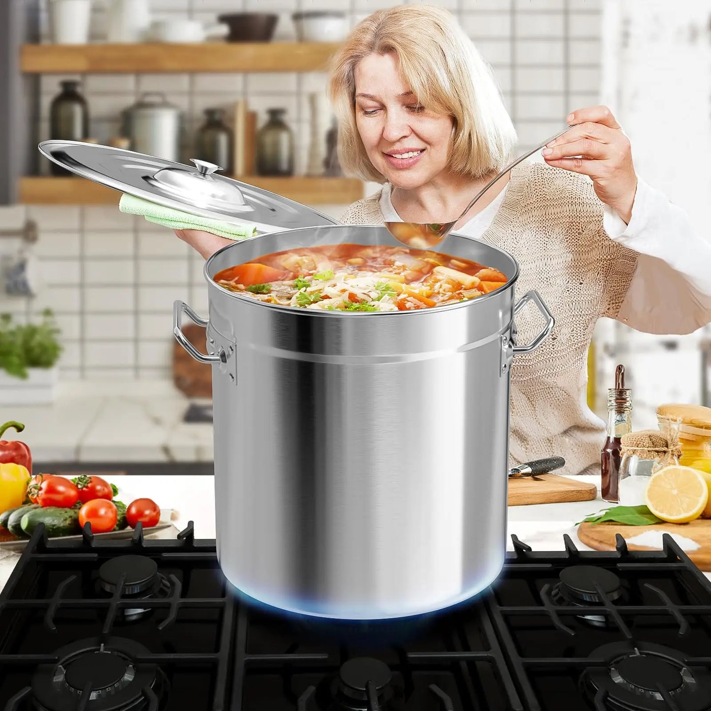 36/53/74QT Stainless Steel Seafood Boil Pot with Lid,Crab, Lobster, Shrimp Boil Stock with Strainer, Turkey Fryer Pot, Stock Boiler Deep,Fried Cooker for Commercial Outdoors