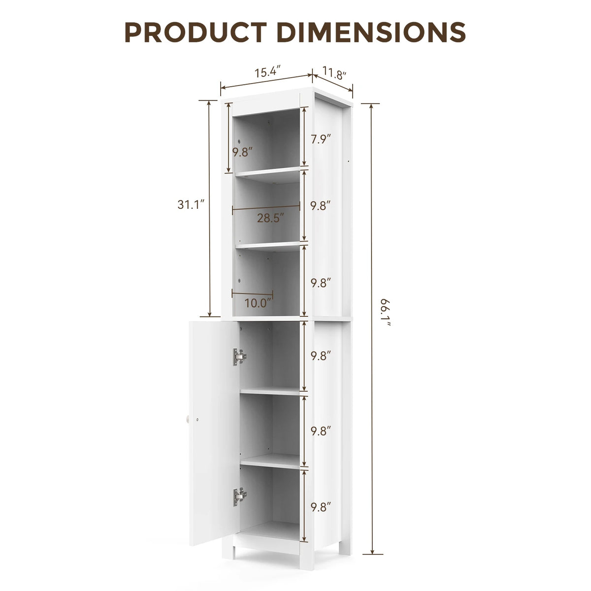 TinyNest Bathroom Storage Cabinet, 66.1 inch Tall Wood Floor Narrow Cabinet with Adjustable Shelves & Doors & Anti-Tip Design, Freestanding Toilet Closet Organizer for Bedroom, Living Room, Entryway, Kitchen