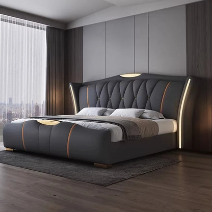 Leather bed with light modern minimalist lit 150x200 180x200 200x220 cm Double bed 2 people bedroom beds frames Furniture