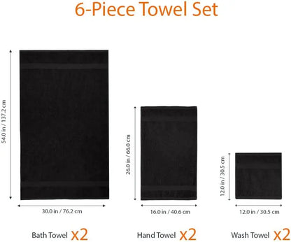 6 Piece Oversized 100% Cotton Bathroom Towel Set Fade Resistant Soft Absorbent 2 Bath 2 Hand 2 Washcloths Black