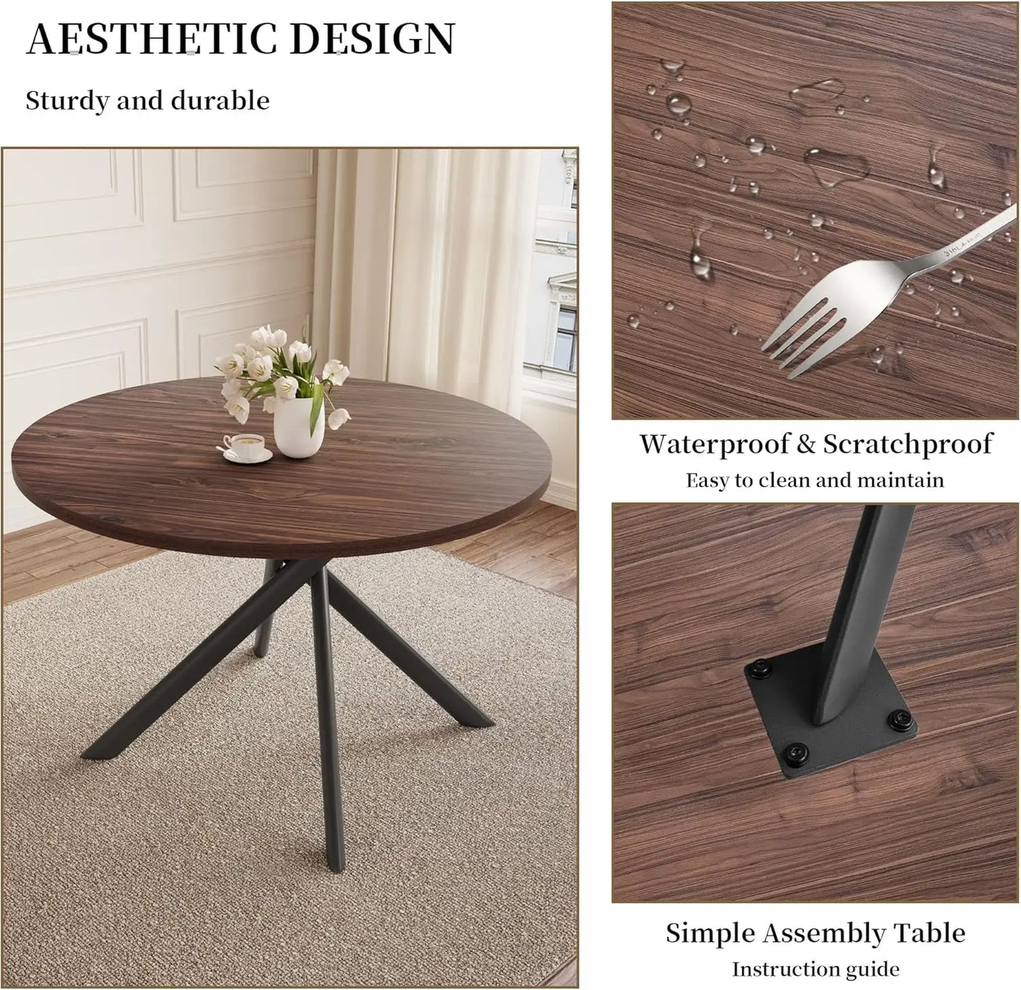 45.3 Inch Round Dining Table Set for 4, Mid Century Modern Small Coffee Set for Dining Room Kitchen Apartment