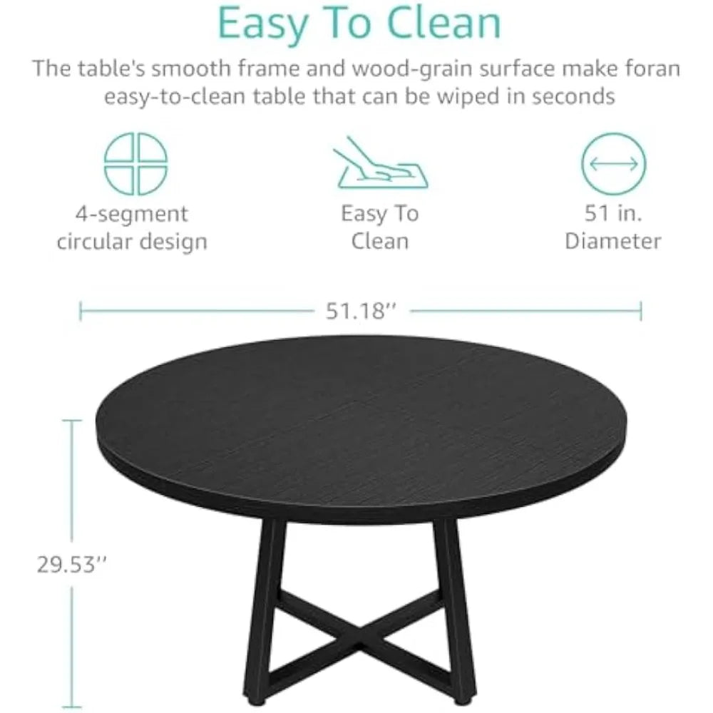 Black Round Dining Table for 6 - Modern Circle 51 Inch Large Room Kitchen Dinning Tables for 4 to 6 Person