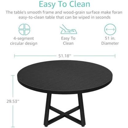 Black Round Dining Table for 6 - Modern Circle 51 Inch Large Room Kitchen Dinning Tables for 4 to 6 Person