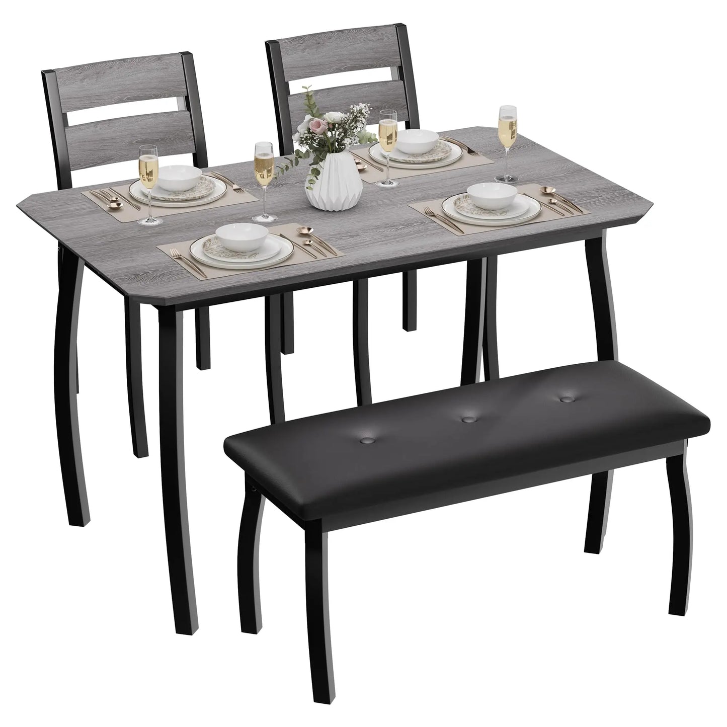 Dining Table Set for 4, Kitchen Table with Upholstered Bench and 2 Chairs, 4 Piece Dining Furniture Set for Small Space