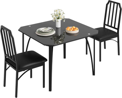 Glass Dining Table Set for 2 Kitchen Table and Chairs for 2 with Padded Seats 3 Piece Dining Room Table Set for Home Kitchen