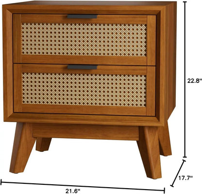 Jasper Fully Assembled Mid Century Solid Wood Rattan Nightstand