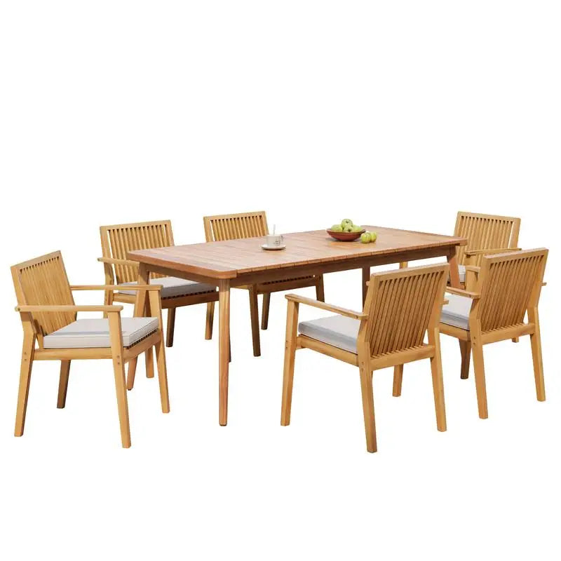 7-Pc Acacia Wood Outdoor Dining Set, 72" Slatted Table & 6 Chairs with Cushions for Patio Garden Dining