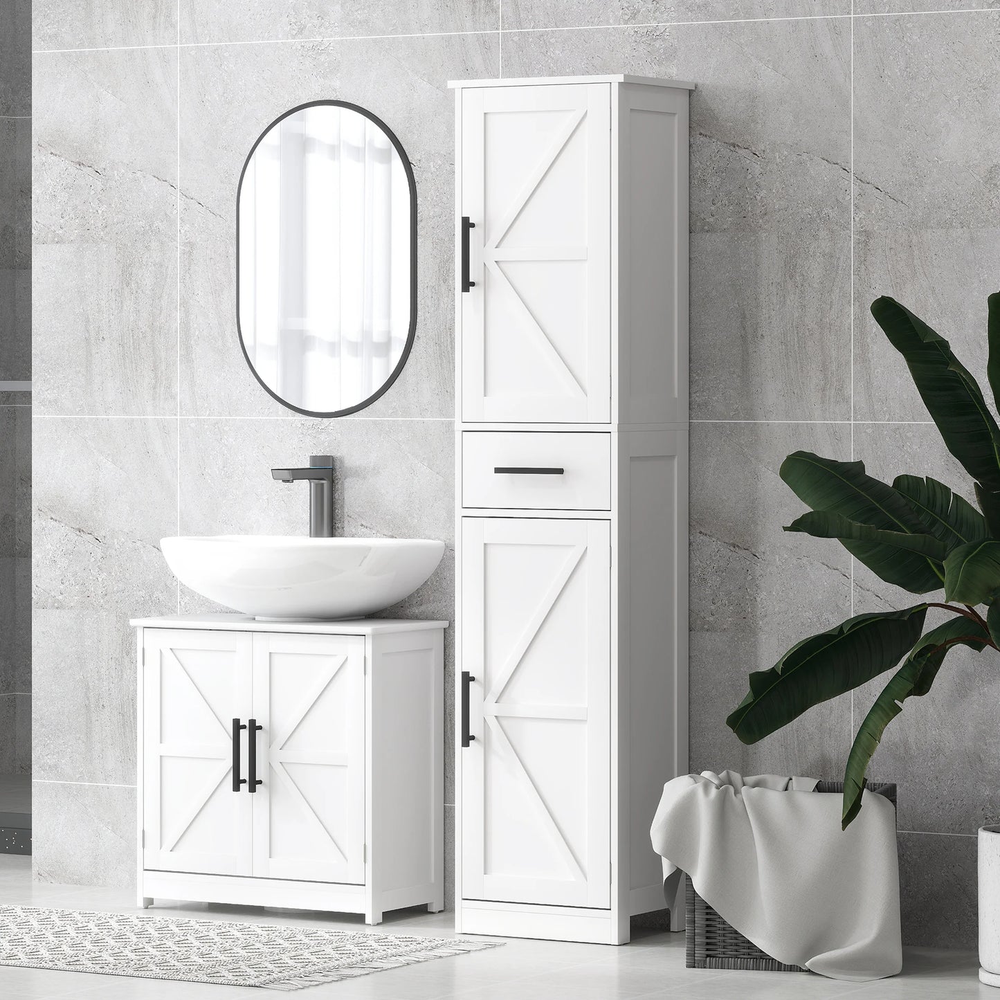 67" Tall Bathroom Storage Cabinet with Drawer, Farmhouse Narrow Bathroom Cabinet with Barn Doors, White