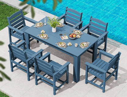 7 Piece Outdoor Dining Table Sets for 6 with 1 Umbrella Hole Cut-Out Rectangular Table and 6 Textilene Chairs, HDPE Dining Tabl