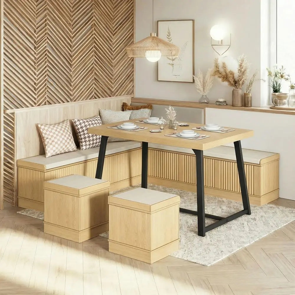 Corner Dining Table Set, 43 Inch Breakfast Nook Table Set with Bench with Hidden Storage amp 2 Ottomans, 5Piece Corner Bench Di
