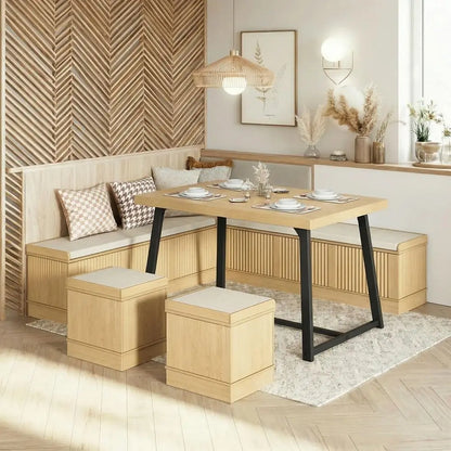 Corner Dining Table Set, 43 Inch Breakfast Nook Table Set with Bench with Hidden Storage amp 2 Ottomans, 5Piece Corner Bench Di
