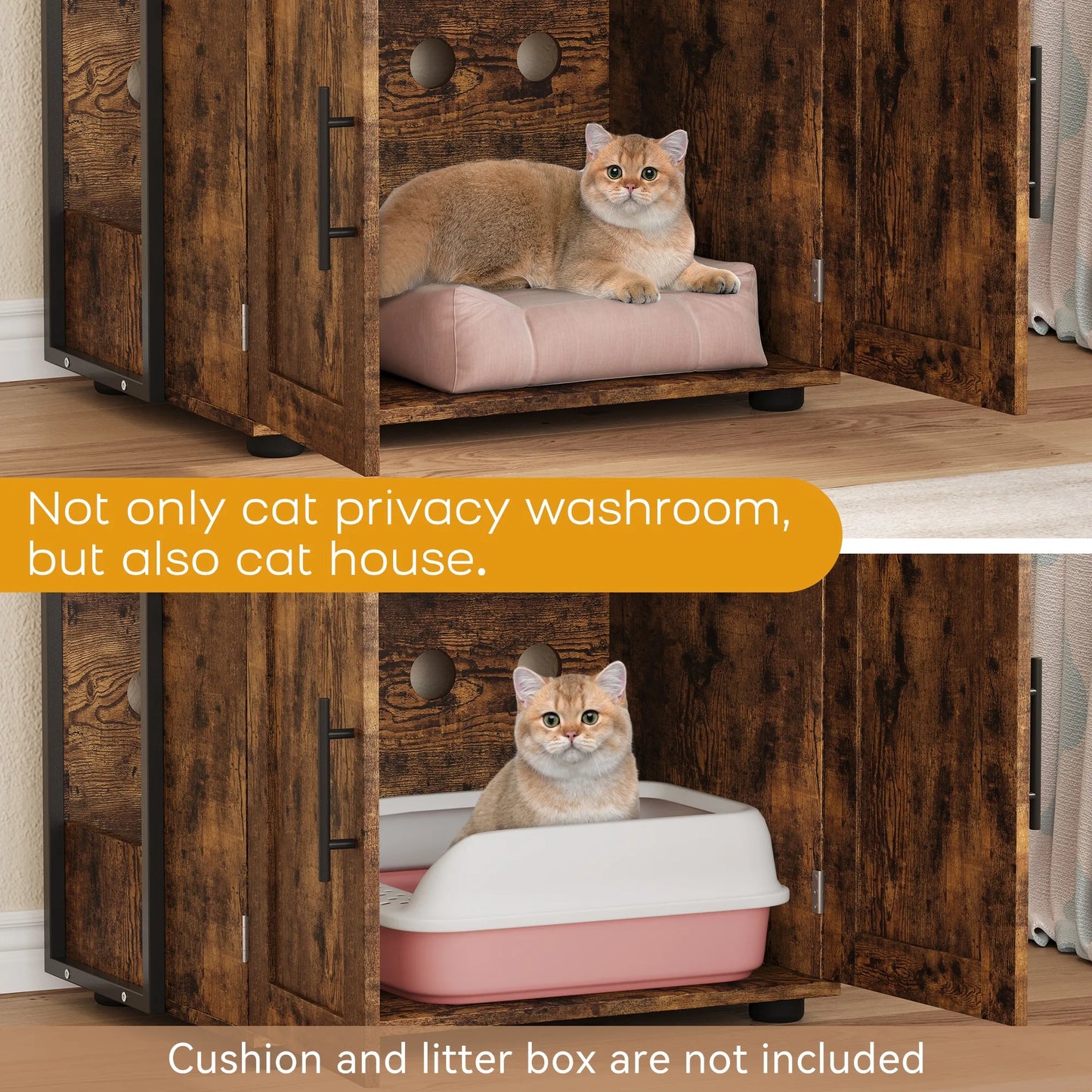 Cat Litter Box Enclosure with 2-Tier Storage Shelves and Doors Hidden Cat Washroom Cabinet Indoor Furniture Fits Most Litter Box